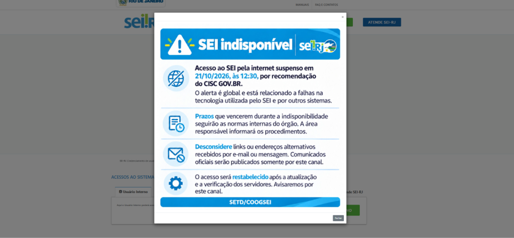 SEI-RJ fora do ar: acesso ao sistema eletrônico de informações do estado do Rio é suspenso após alerta de segurança