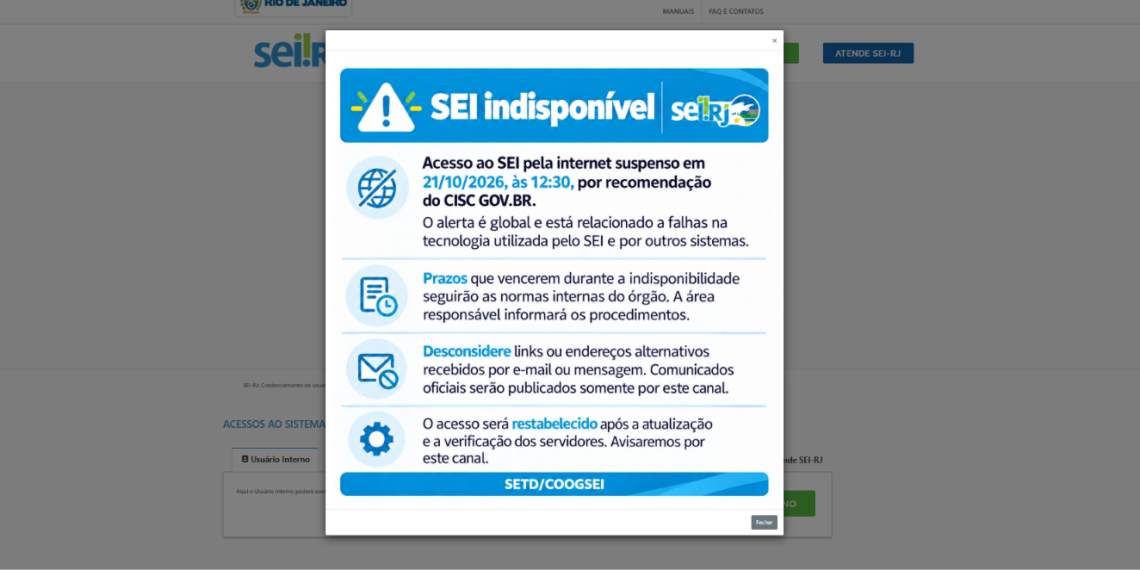 Aviso no site do SEI-RJ