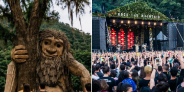 Obra do artista Thomas Dambo, à esquerda, e palco do Rock The Mountain, à direita