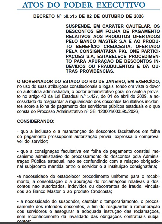 Governo do estado do Rio suspende descontos de consignados do Banco Master e Credcesta 59 WhatsApp Image 2026 10 05 at 08.06.23