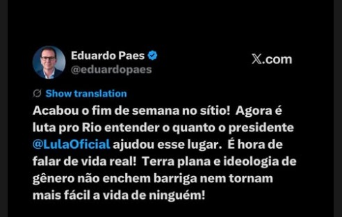 Post de Paes anunciando que está de volta à campanha de Lula