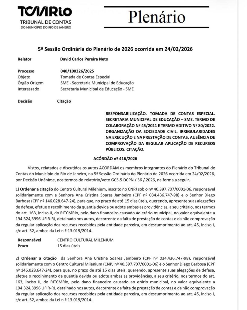 TCMRio manda citar dirigentes de organização cultural por prejuízo de mais de R$ 800 mil na Educação 52 WhatsApp Image 2026 10 13 at 18.05.09