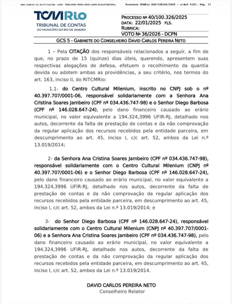 TCMRio manda citar dirigentes de organização cultural por prejuízo de mais de R$ 800 mil na Educação 54 WhatsApp Image 2026 10 13 at 18.05.34