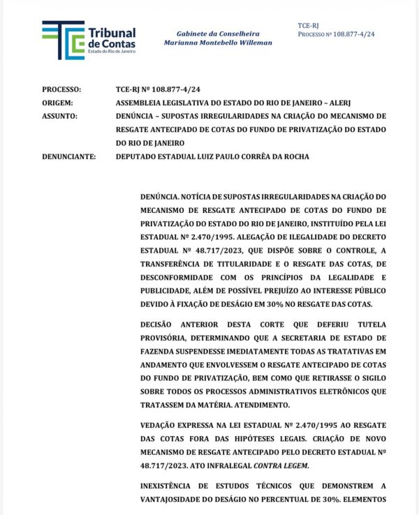 Diante do alerta do deputado Luiz Paulo, TCE-RJ proíbe resgates que já drenaram R$ 81 milhões do Fundo de Privatização e manda notificar Cláudio Castro 52 WhatsApp Image 2026 10 14 at 11.17.02 e1791987695588
