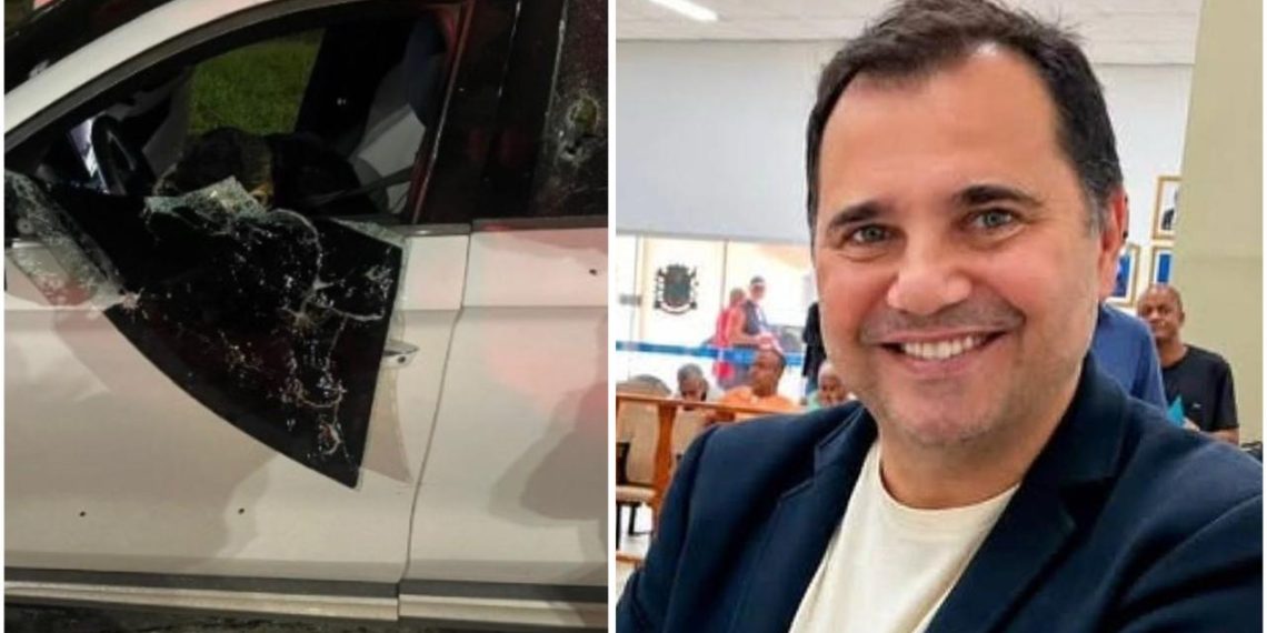 O carro metralhado e o secretário Jefferson da Linave, morto na Avenida Brasil
