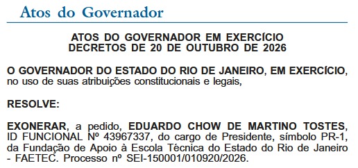No mesmo dia em que a Faetec volta a Quintino, presidente da fundação pede para sair do governo Ricardo Couto; ele ficou menos de três meses no cargo 52 WhatsApp Image 2026 10 21 at 08.14.27