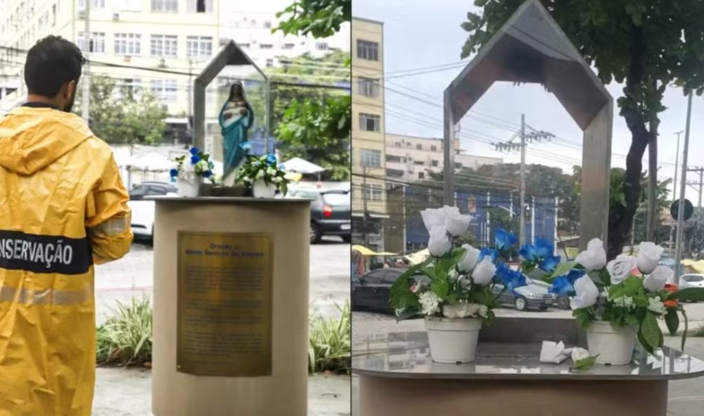 Altar de Nossa Senhora do Amparo é depredado em praça de Cascadura, na Zona Norte do Rio