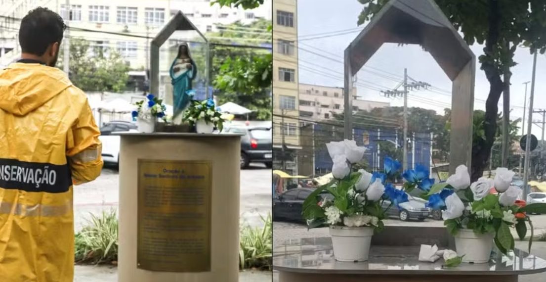 Altar de Nossa Senhora do Amparo é depredado em praça de Cascadura, na Zona Norte do Rio