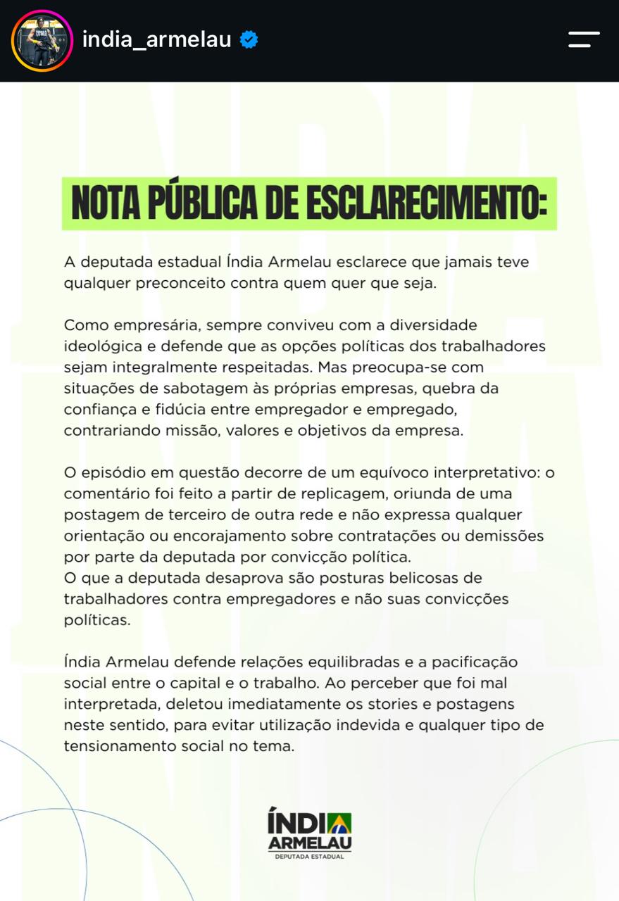 Nota divulgada pela deputada Índia Armelau em suas redes