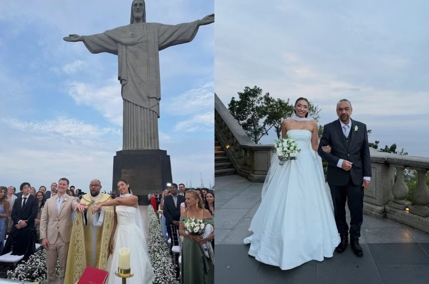 Filha de Verônica Costa mostra fotos de casamento no Cristo Redentor; Ela foi vestida de noiva a presídio 51 Jeniffer Costa trocou alianças com o marido no Cristo Redentor; Ela foi levada ao altar pelo pai, Rômulo Costa