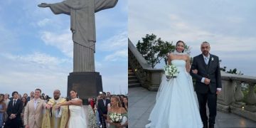 Jeniffer Costa trocou alianças com o marido no Cristo Redentor; Ela foi levada ao altar pelo pai, Rômulo Costa