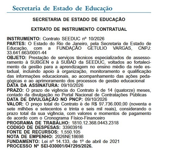 Texto da contratação dos serviços da FGV publicado no Diário Oficial