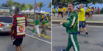 TRE-RJ vai apurar vídeo de apoiador de Flávio Bolsonaro conduzindo homem negro acorrentado em ato no Rio 1 TRE-RJ vai apurar vídeo de apoiador de Flávio Bolsonaro conduzindo homem negro acorrentado em ato no Rio